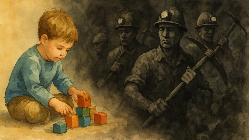 A child plays with colorful blocks while dreaming of a dismal future as a coal miner.