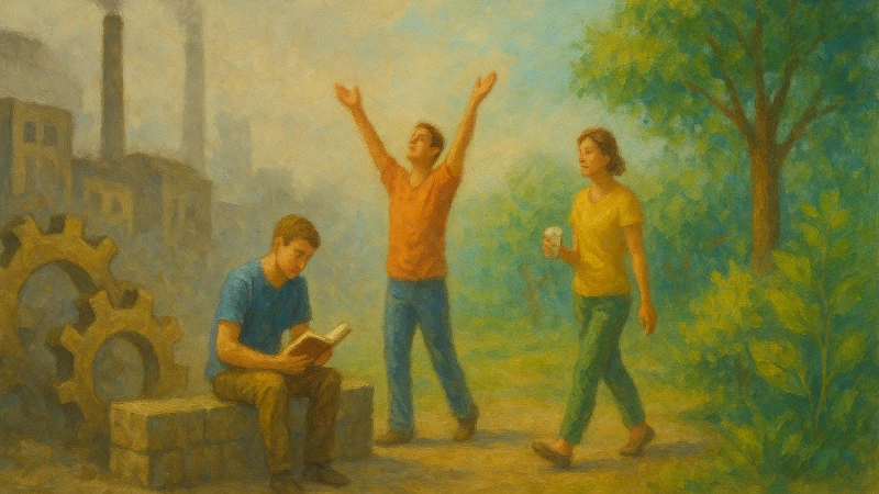 From left to right, factories fade to forests as people enjoy more leisure activity