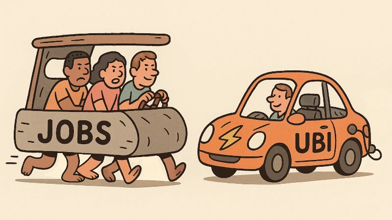 A foot-powered “JOBS” car versus an electric “UBI” car